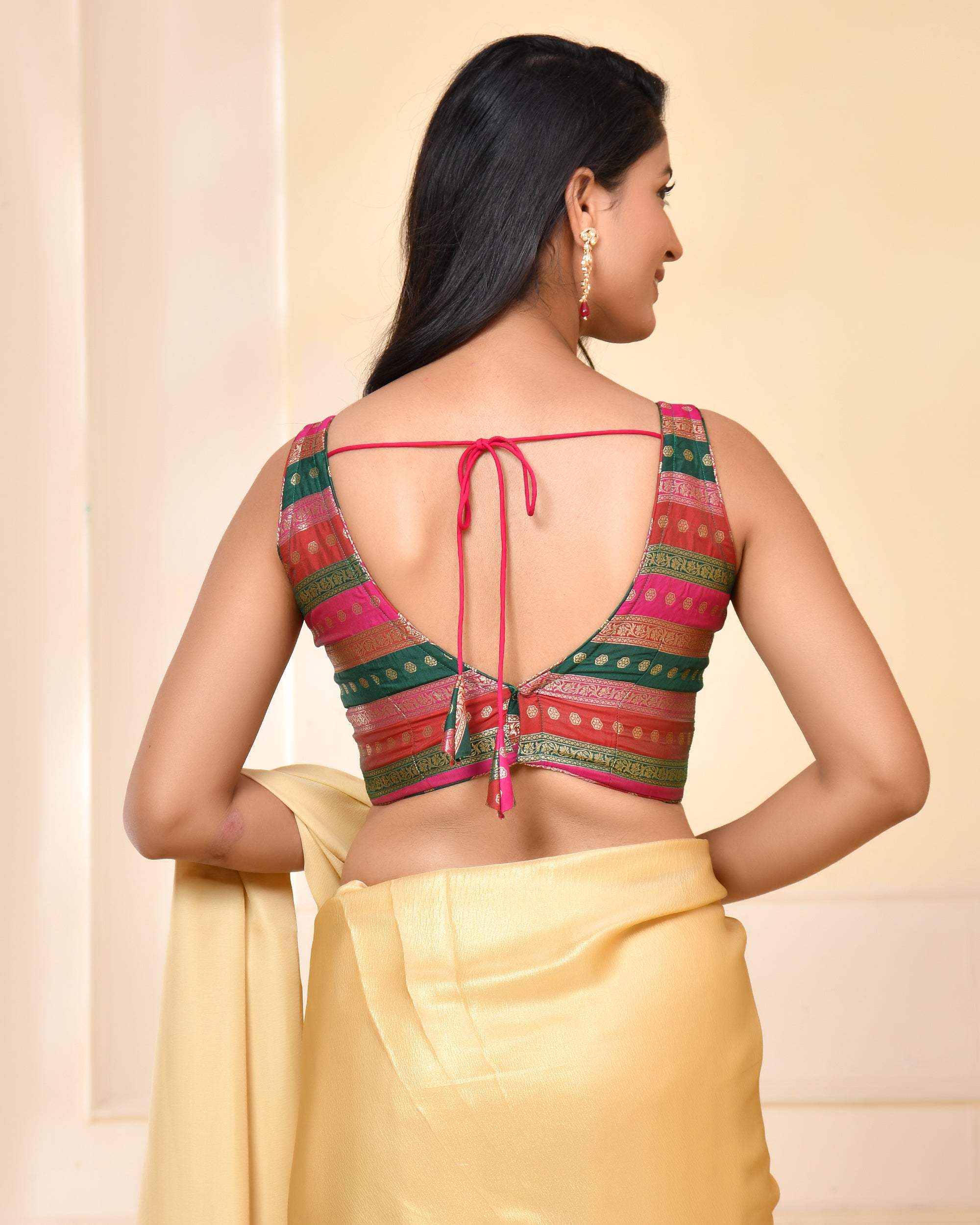 Multicolored Striped Banarasi Brocade Sleeveless V-Neck Blouse