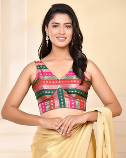 Multicolored Striped Banarasi Brocade Sleeveless V-Neck Blouse