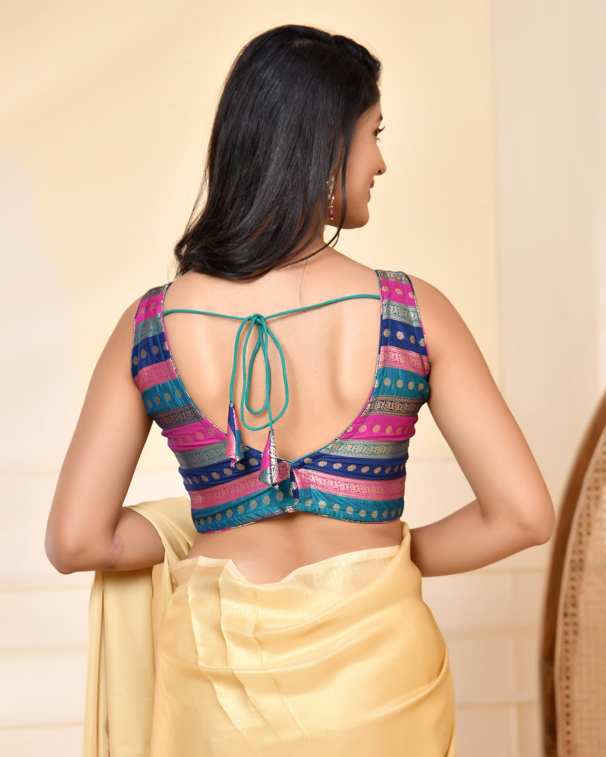Multicolored Striped Banarasi Brocade Sleeveless V-Neck Blouse