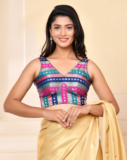 Multicolored Striped Banarasi Brocade Sleeveless V-Neck Blouse