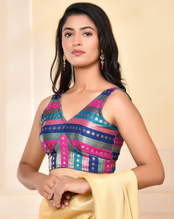 Multicolored Striped Banarasi Brocade Sleeveless V-Neck Blouse