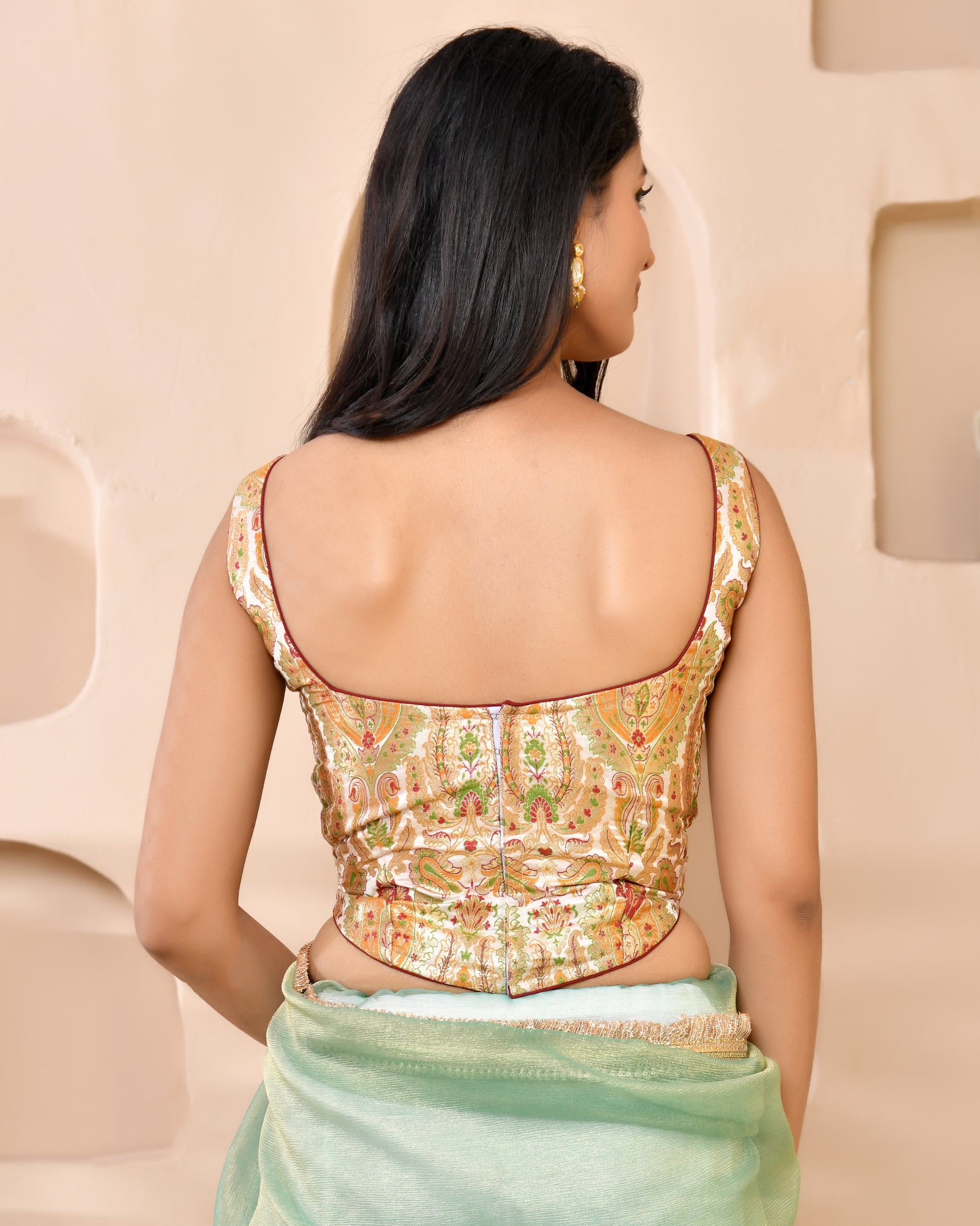 Woven Designed Kashi Banarsi Corset Style Padded White Saree Blouse