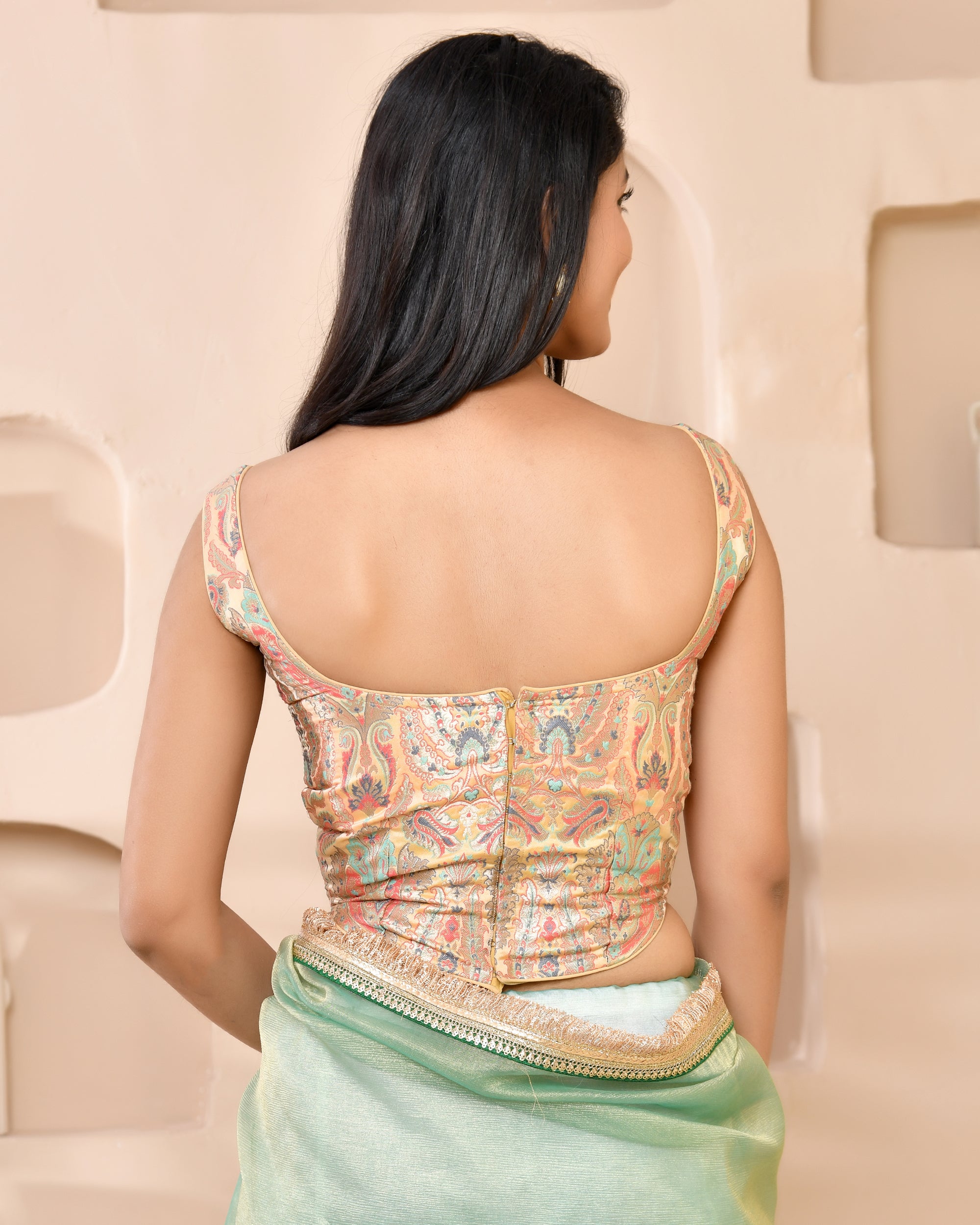 Woven Designed Kashi Banarsi Corset Style Padded Golden Saree Blouse