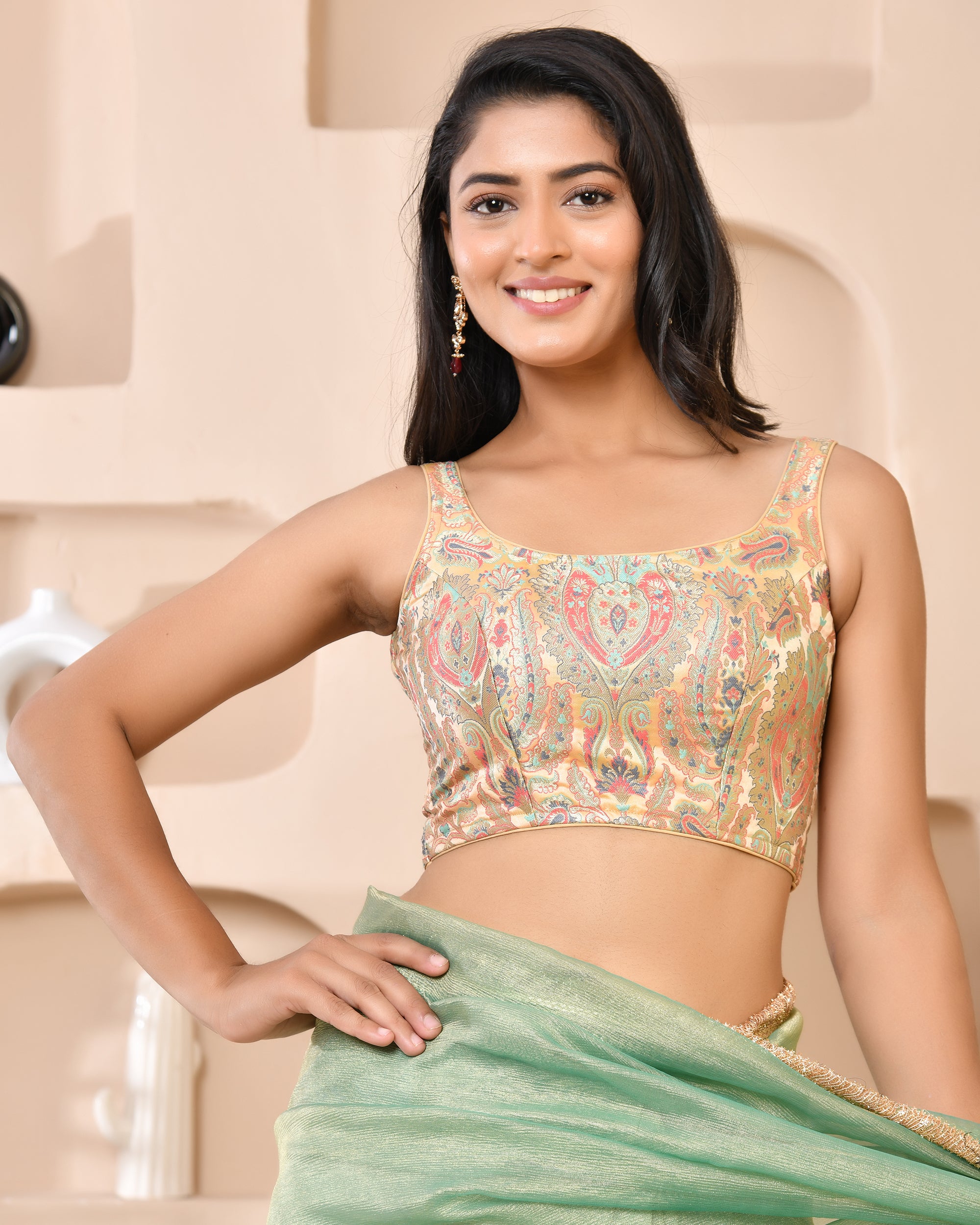 Woven Designed Kashi Banarsi Scoop Neck Padded Golden Saree Blouse