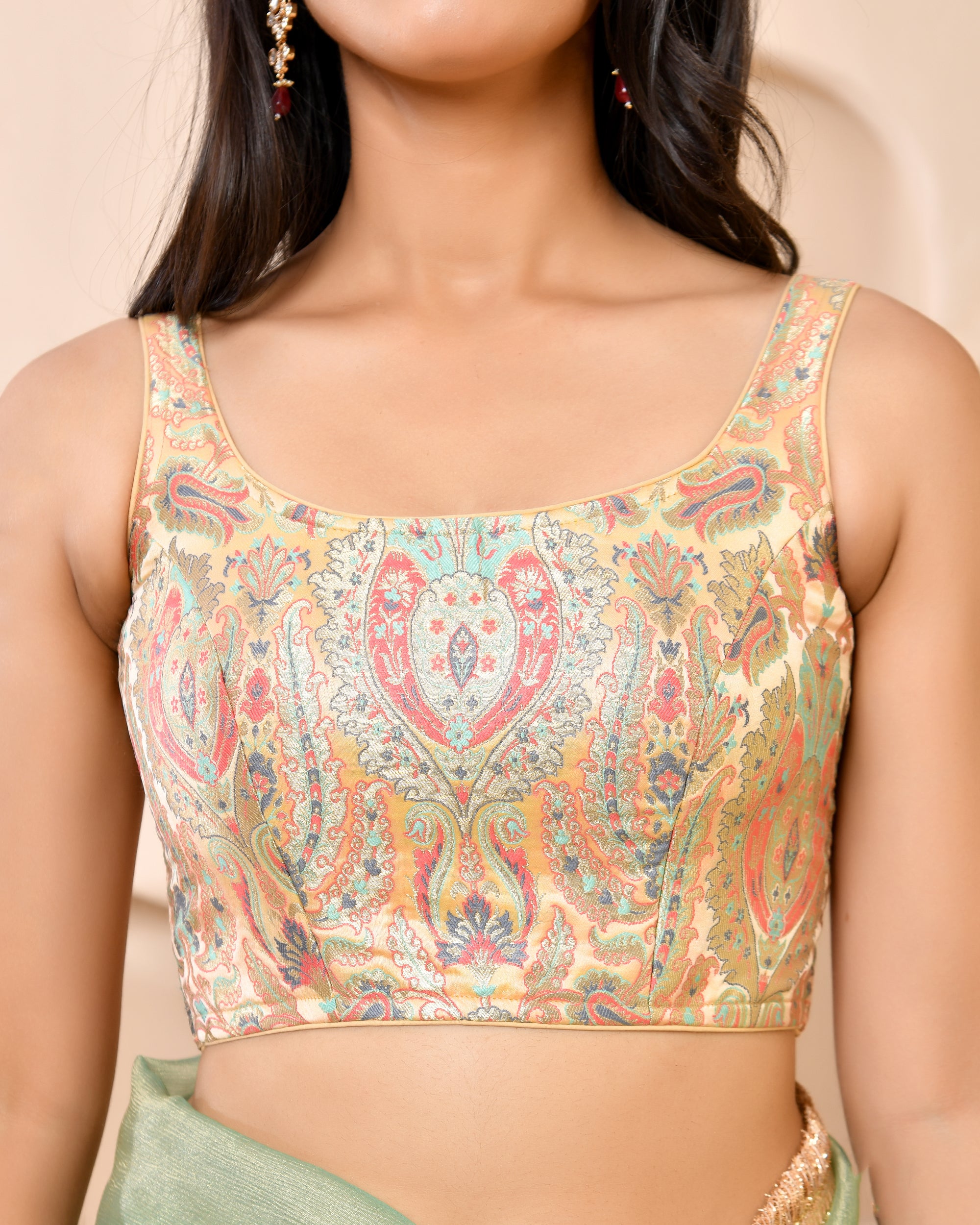 Woven Designed Kashi Banarsi Scoop Neck Padded Golden Saree Blouse