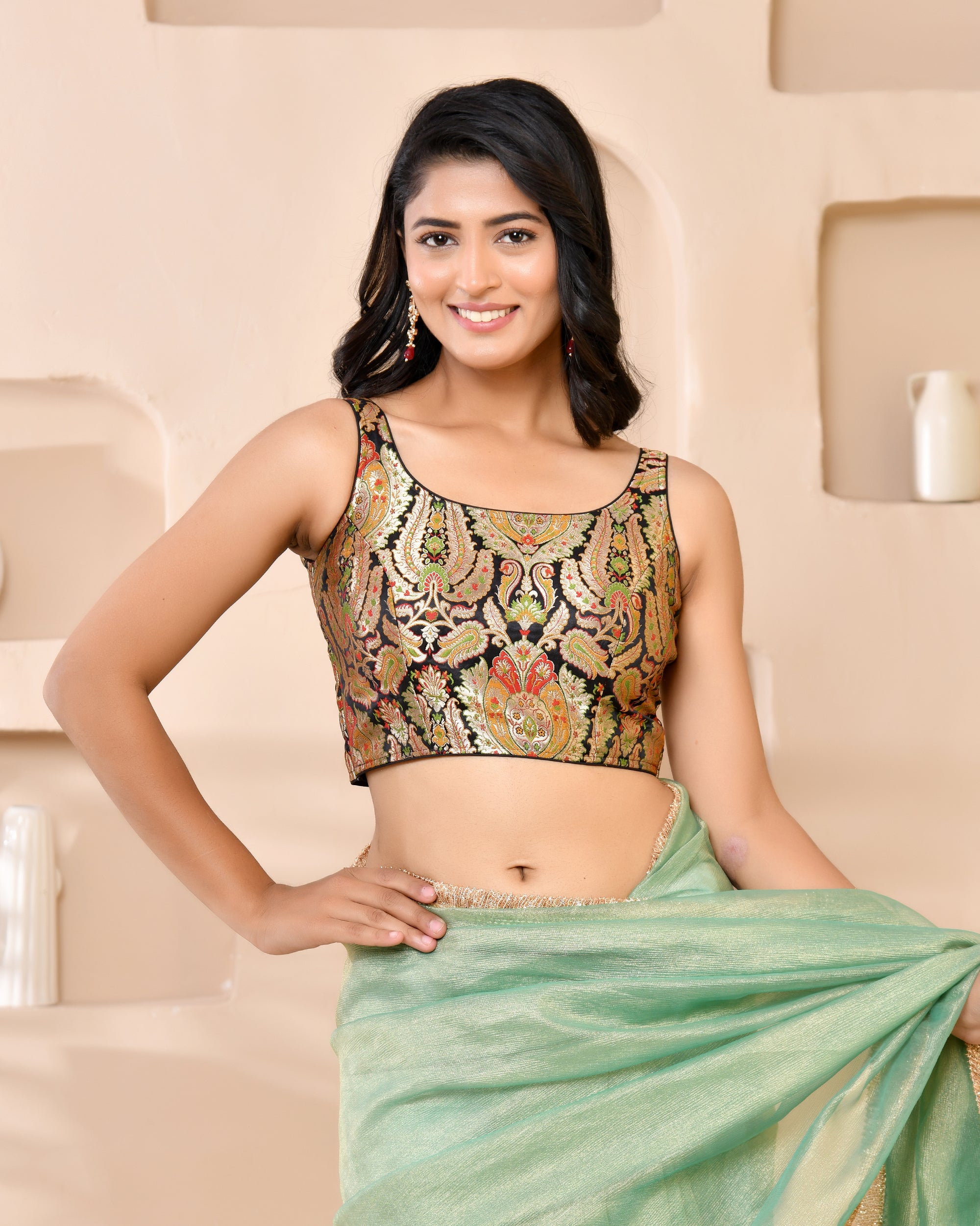 Woven Designed Kashi Banarsi Scoop Neck Padded Black Saree Blouse