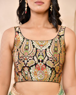 Woven Designed Kashi Banarsi Scoop Neck Padded Black Saree Blouse