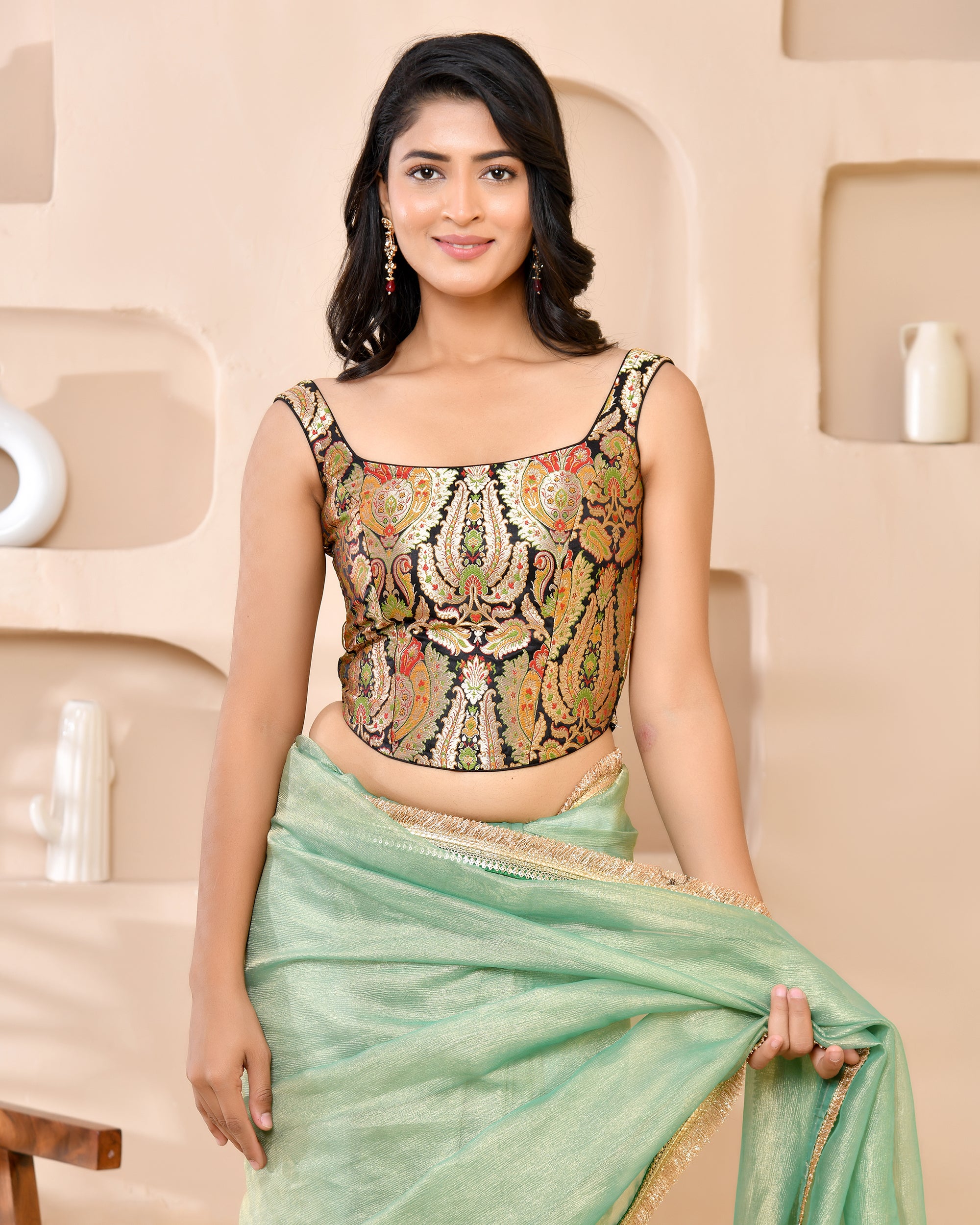 Woven Designed Kashi Banarsi Corset Style Padded Black Saree Blouse