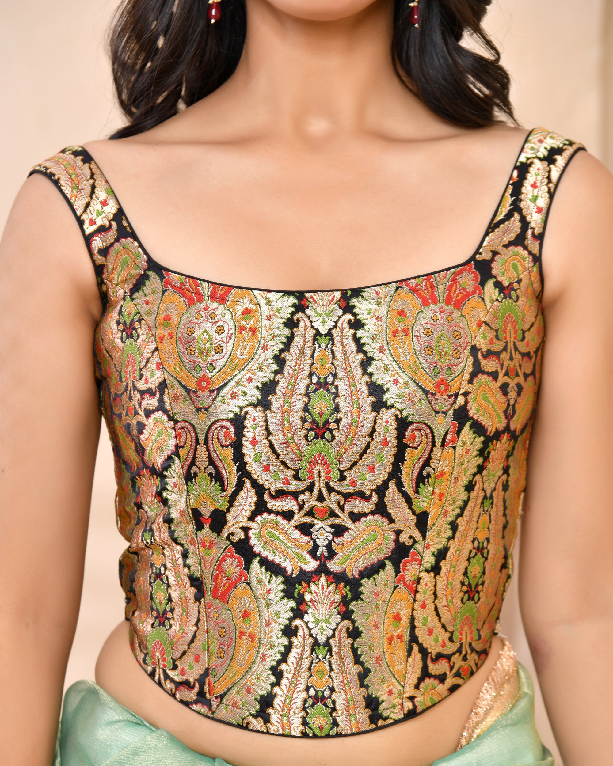 Woven Designed Kashi Banarsi Corset Style Padded Black Saree Blouse