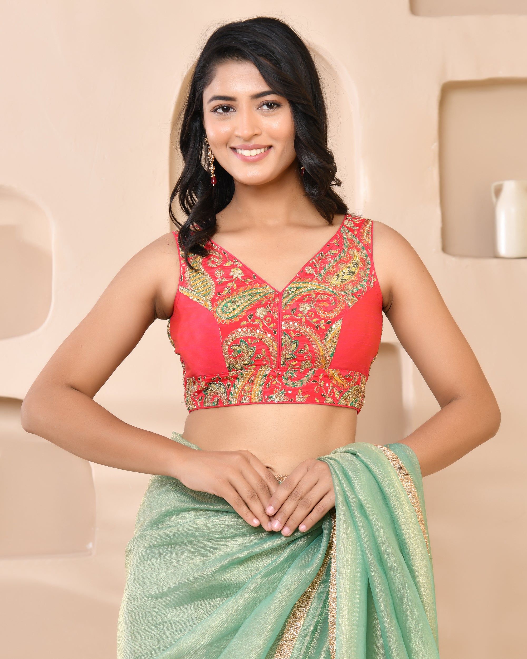 Embroidery Paisley Zari V Neck Padded Saree Blouse