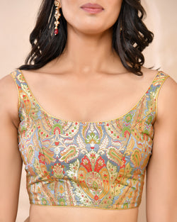 Woven Designed Kashi Banarsi Scoop Neck Padded Grey Saree Blouse