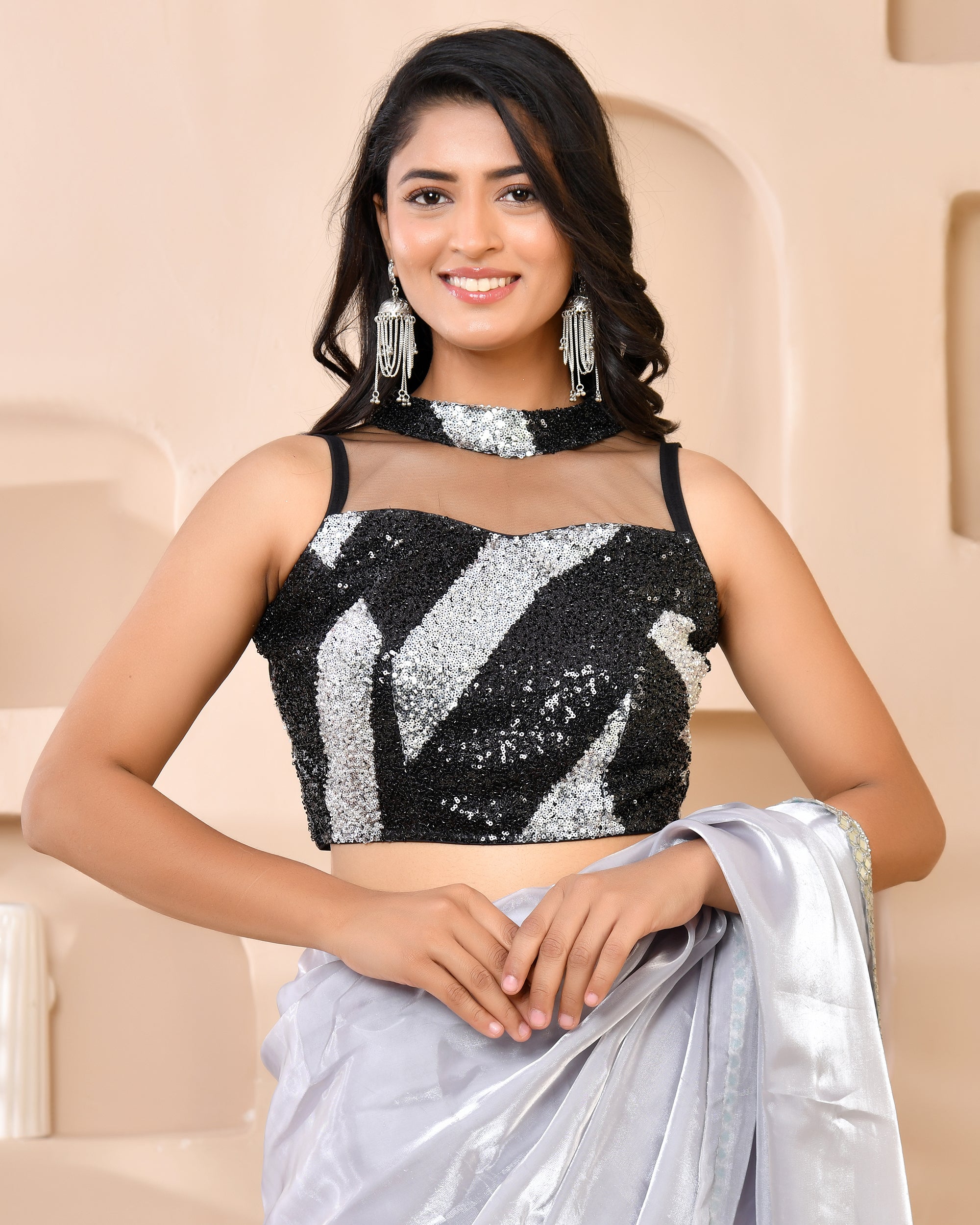 Silver Black Cutdana Band Collar Sleeveless Padded Blouse