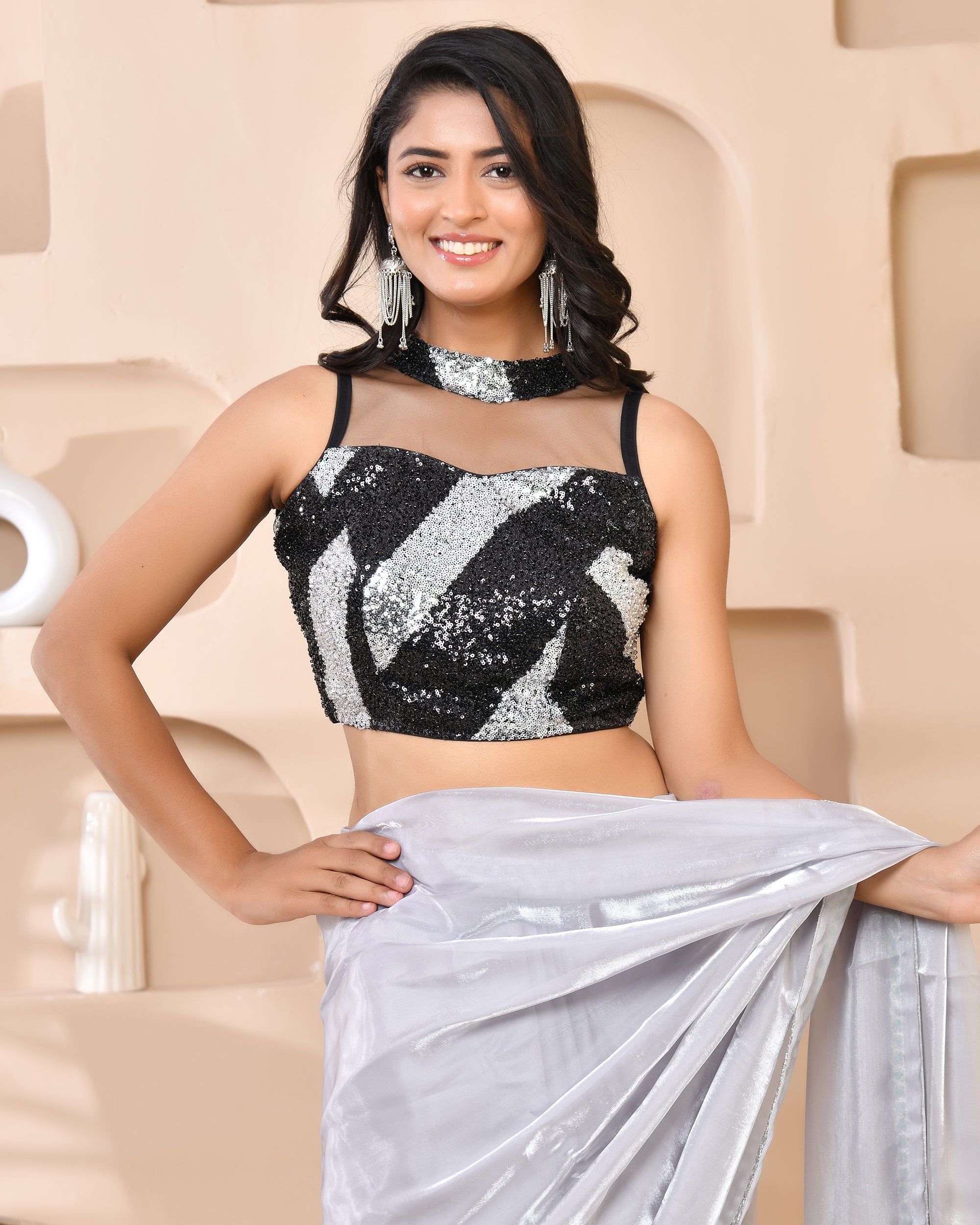 Silver Black Cutdana Band Collar Sleeveless Padded Blouse