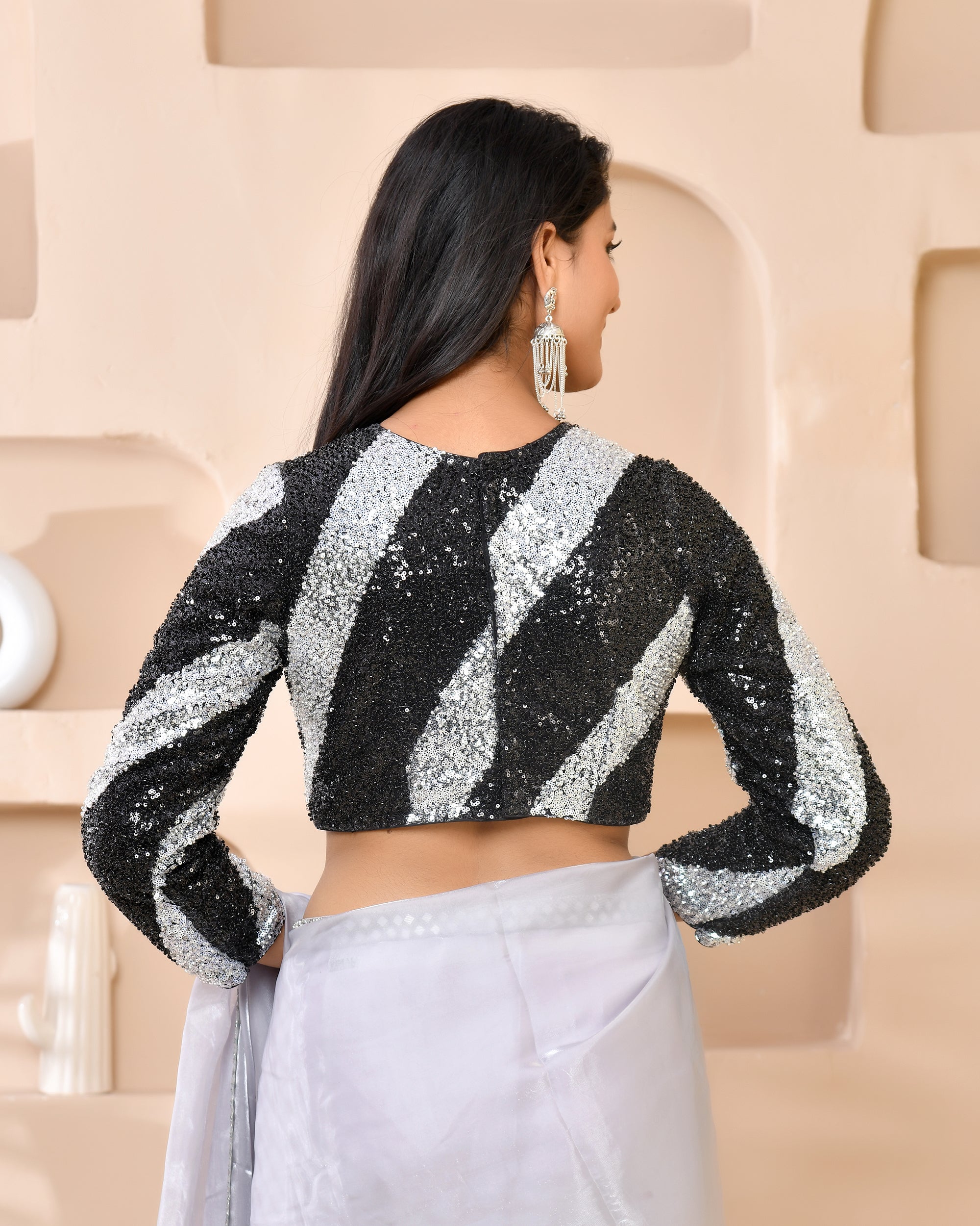 Silver & Black Cutdana Sequined Full Sleeves Padded Blouse