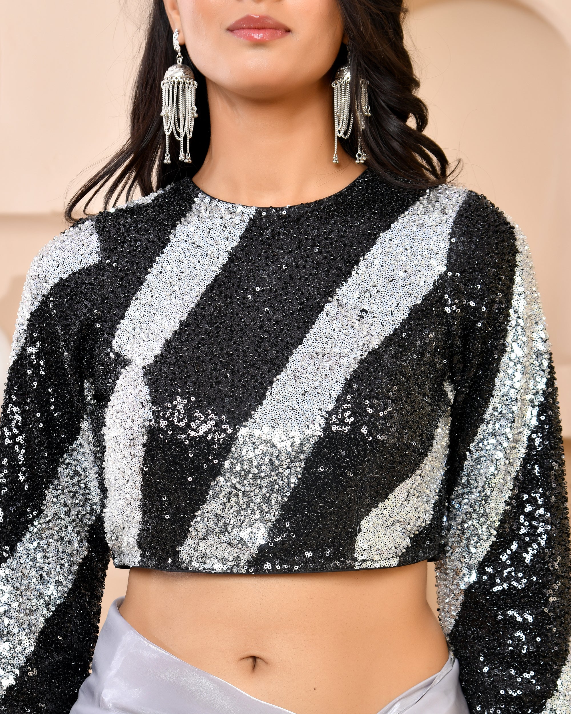 Silver & Black Cutdana Sequined Full Sleeves Padded Blouse