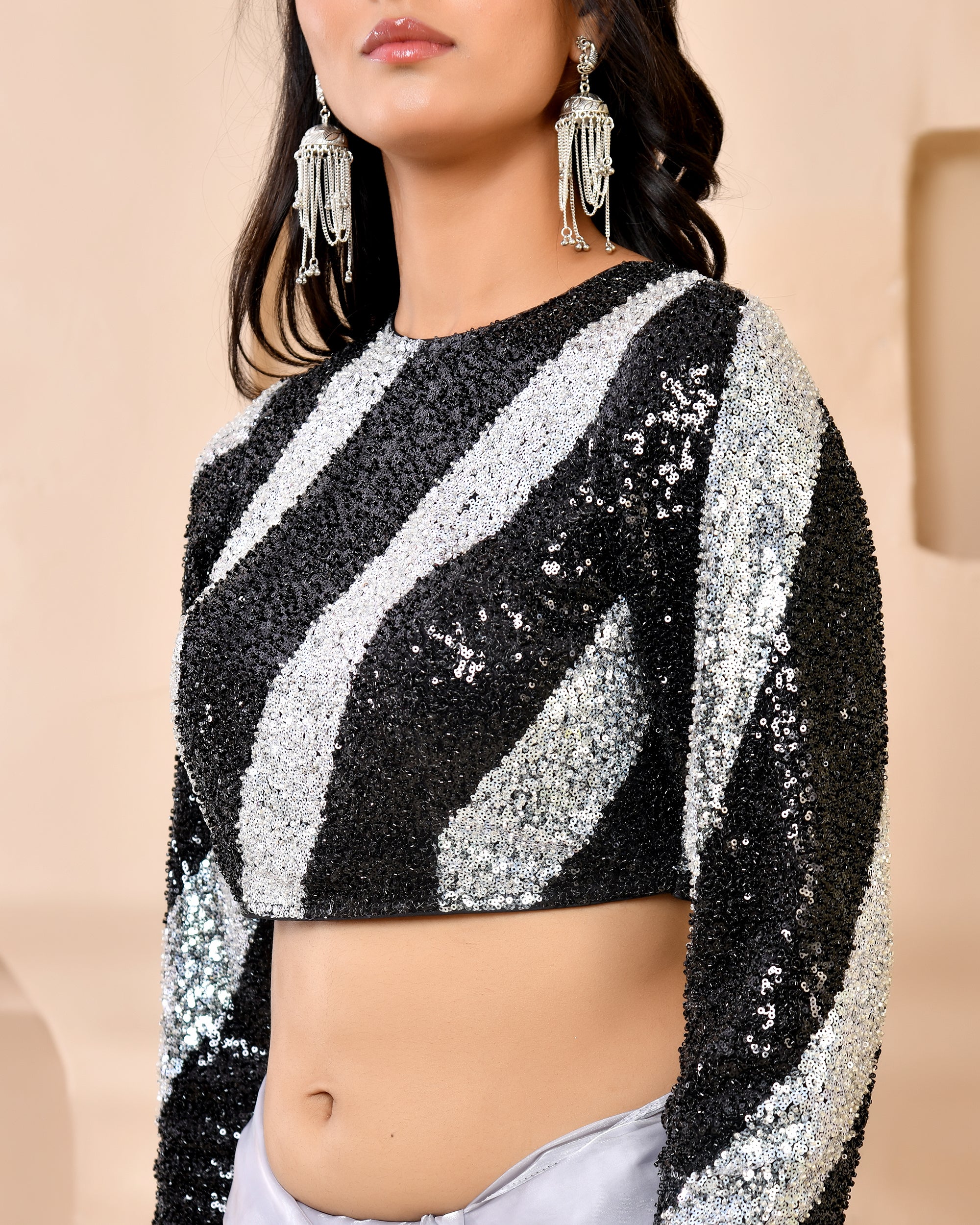 Silver & Black Cutdana Sequined Full Sleeves Padded Blouse