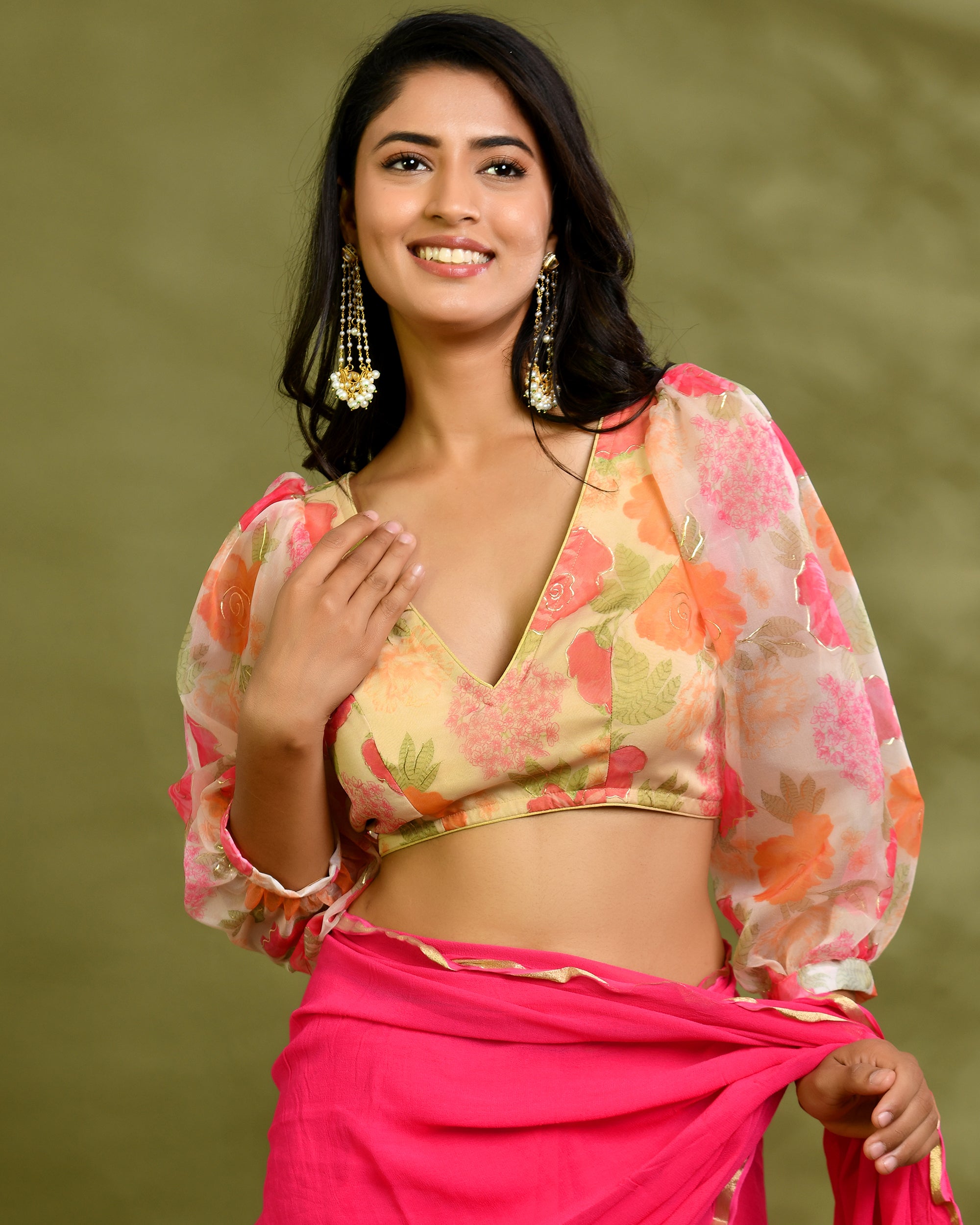 Floral Organza Puff-Sleeve Designer Blouse