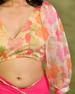 Floral Organza Puff-Sleeve Designer Blouse