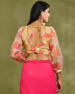Floral Organza Puff-Sleeve Designer Blouse