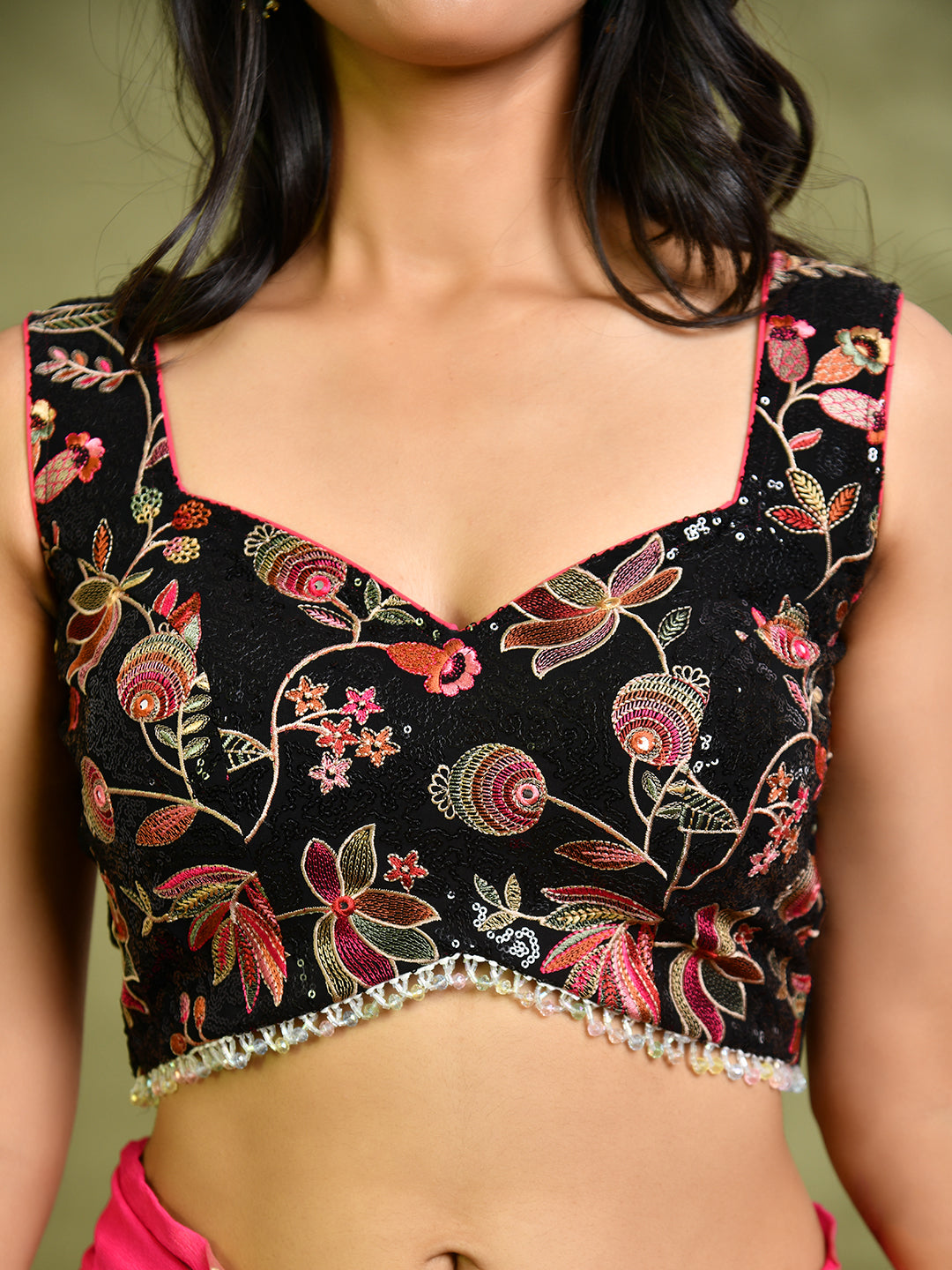 Black Floral Sequined Embroidered Designer Blouse | Sweetheart Neckline With Pearl Hem