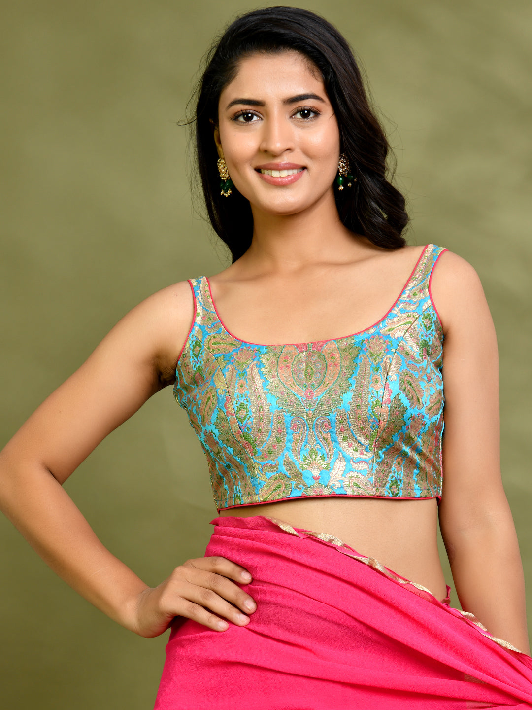 Woven Designed Kashi Banarsi Scoop Neck Padded Blue Saree Blouse