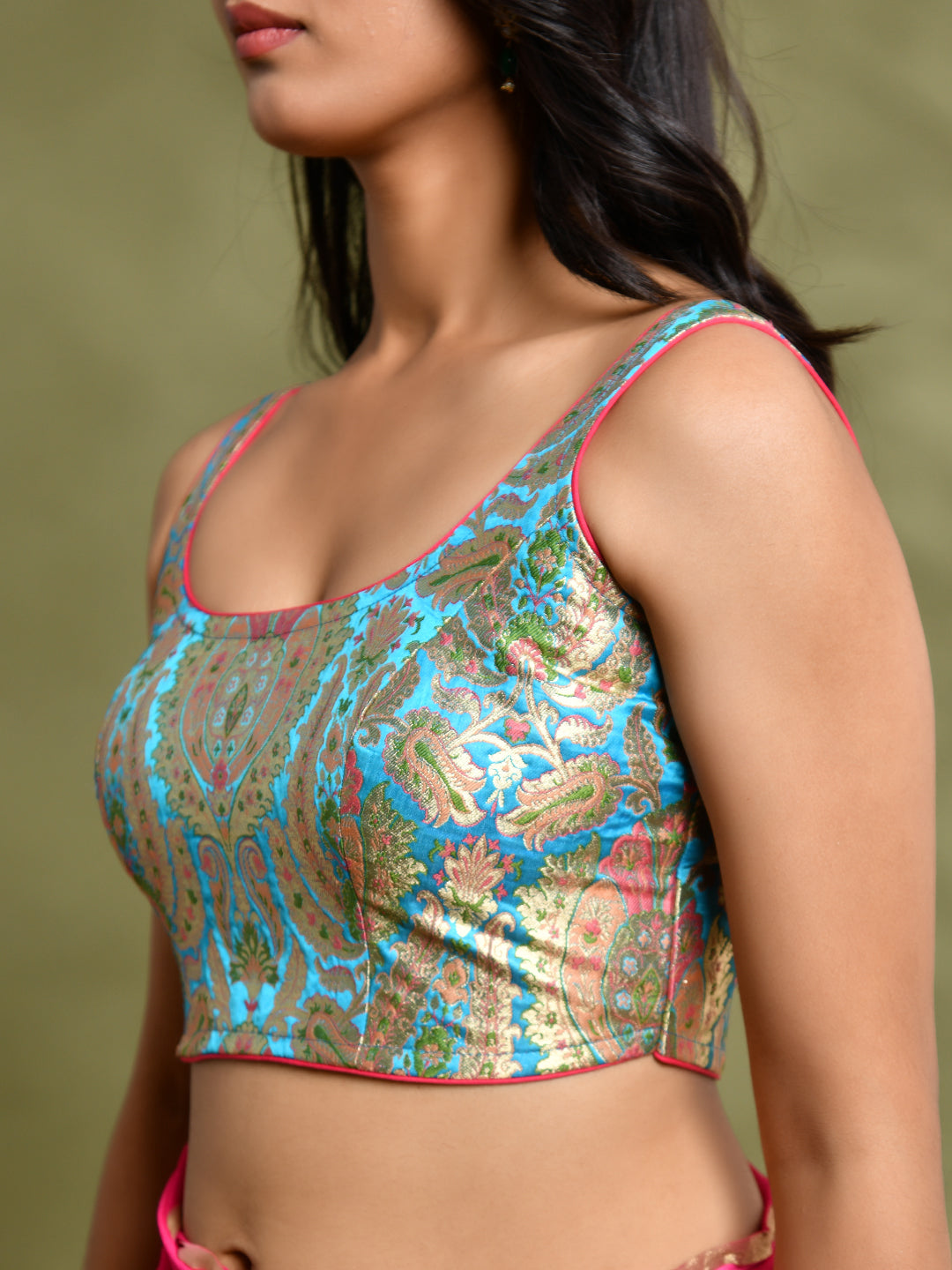 Woven Designed Kashi Banarsi Scoop Neck Padded Blue Saree Blouse