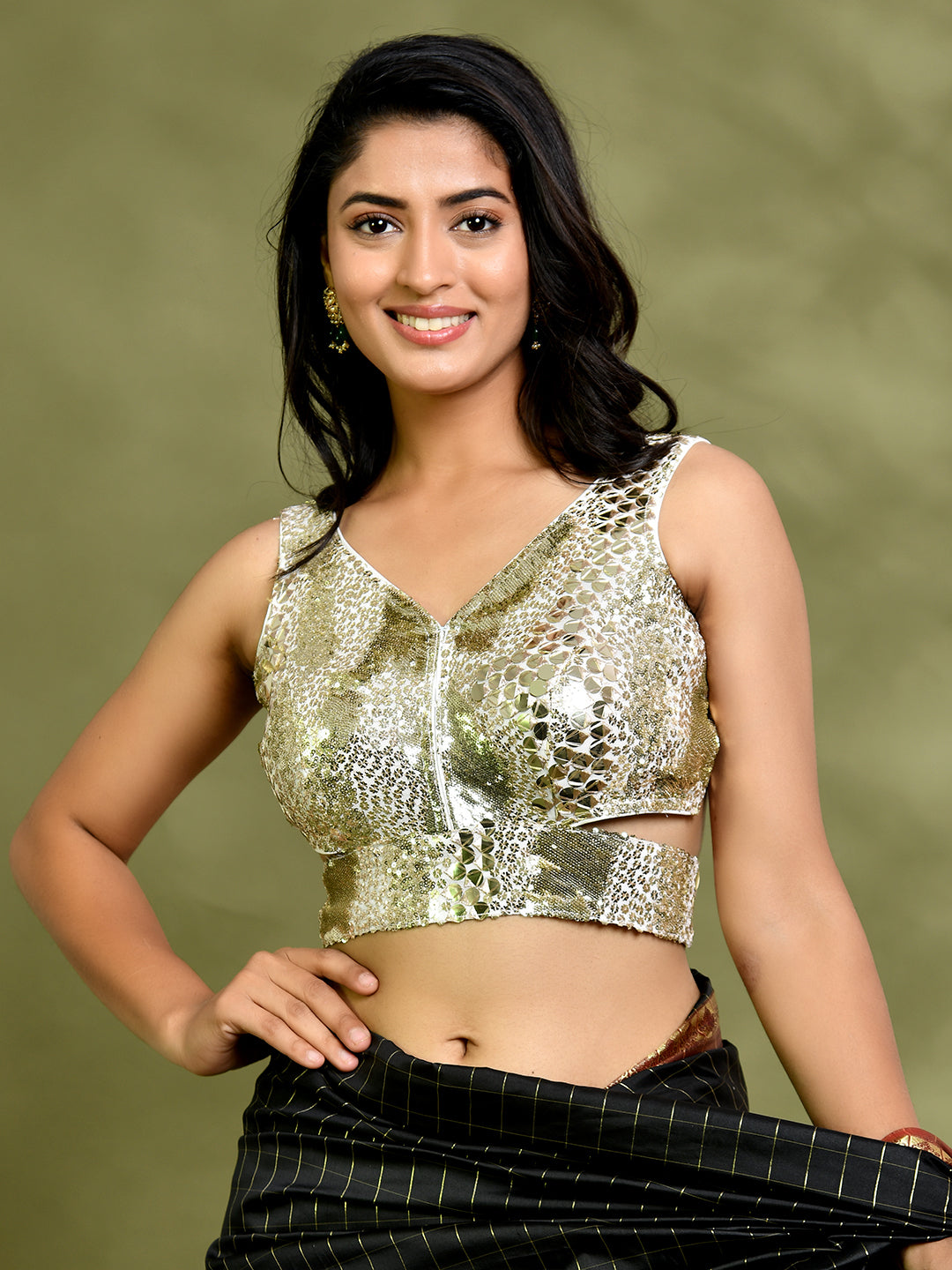 Sequined Mirror Embellished Sleeveless Padded Blouse