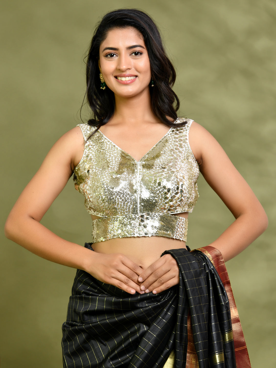 Sequined Mirror Embellished Sleeveless Padded Blouse