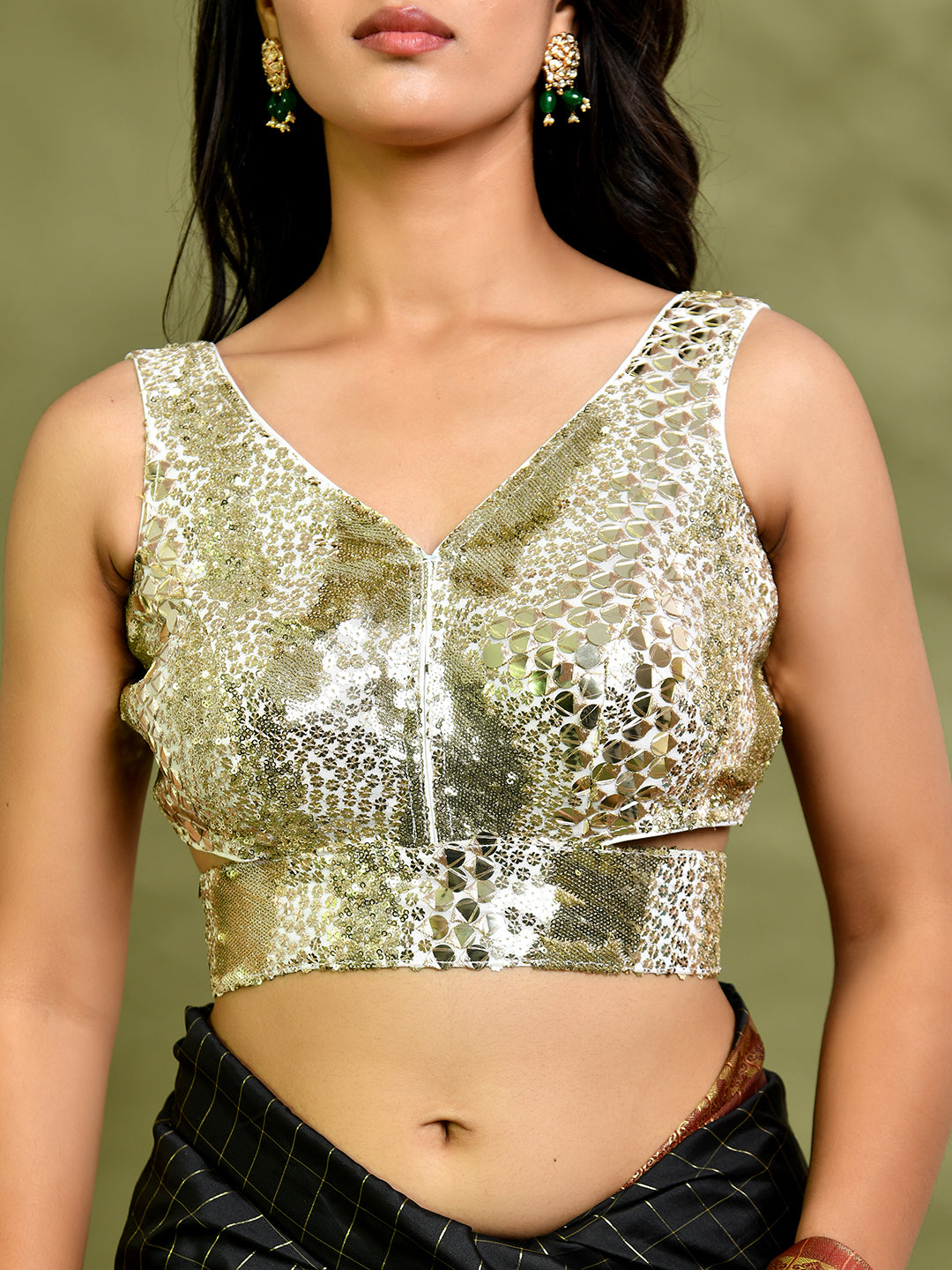 Sequined Mirror Embellished Sleeveless Padded Blouse