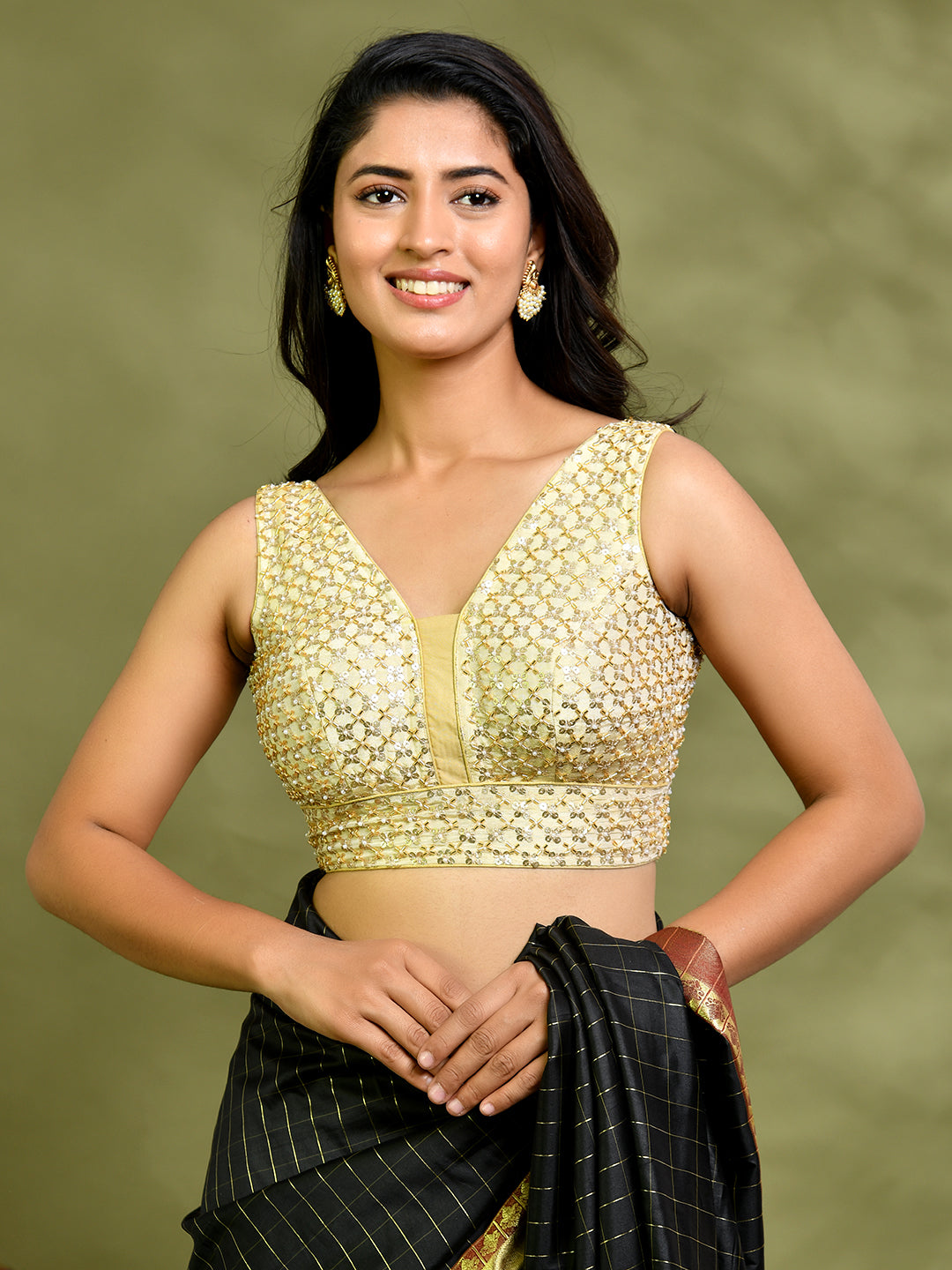 Pearl Cutdana Golden V - Neck Padded Blouse