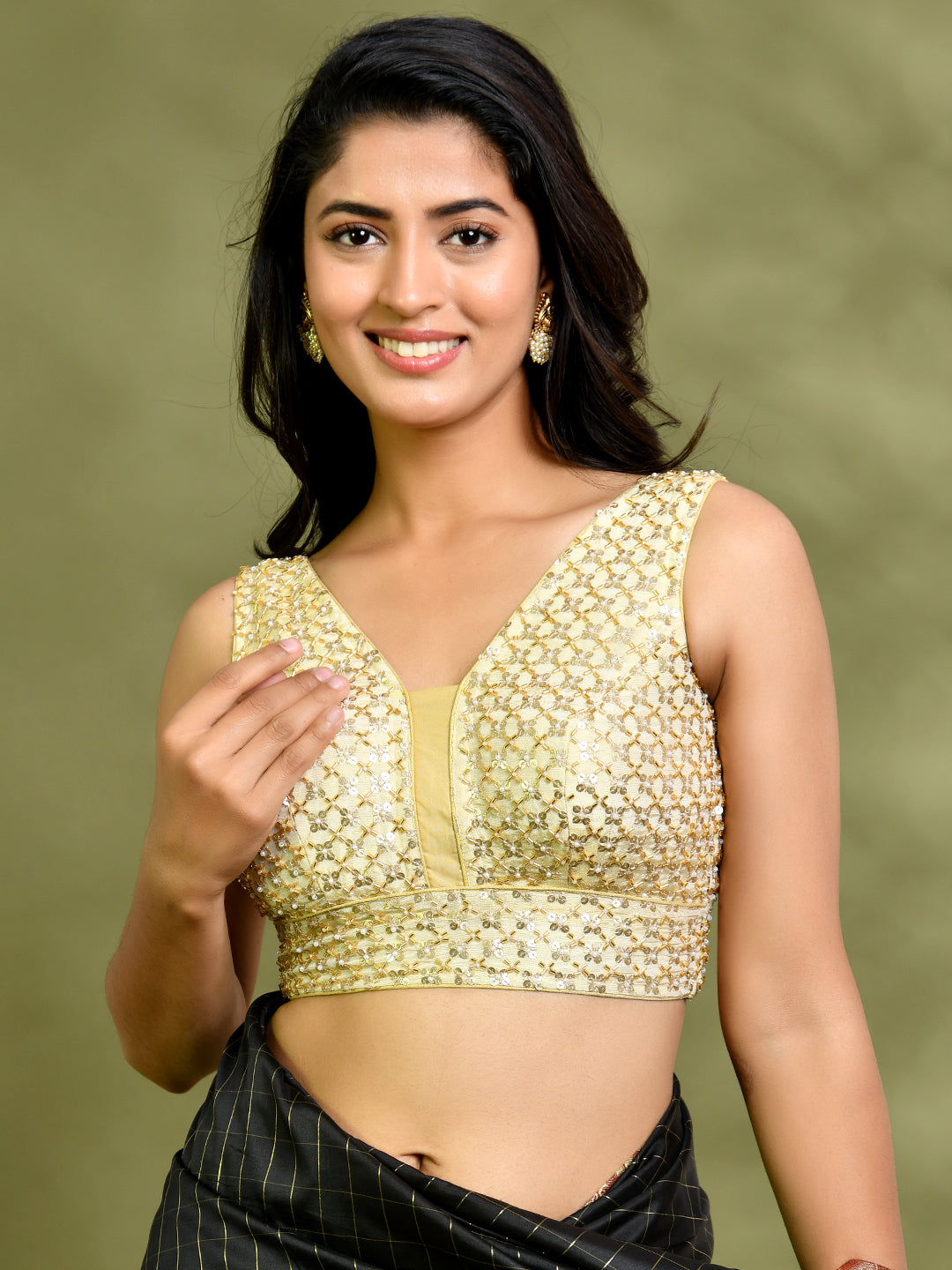 Pearl Cutdana Golden V - Neck Padded Blouse