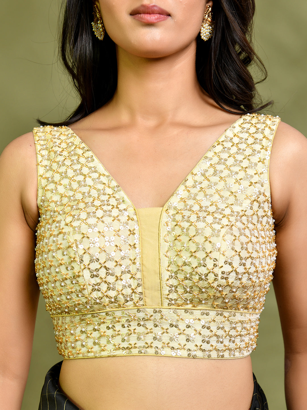 Pearl Cutdana Golden V - Neck Padded Blouse
