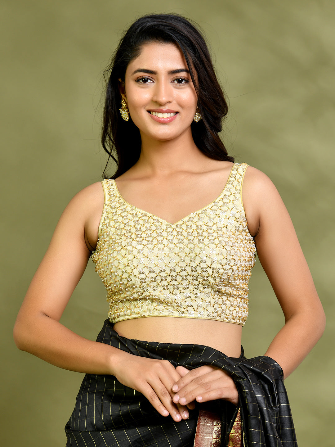 Pearl Cutdana Golden Sleeveless Padded Blouse