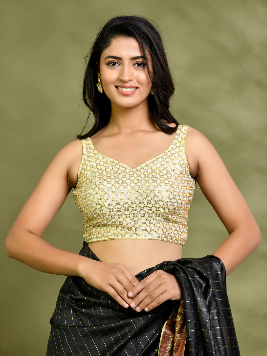 Pearl Cutdana Golden Sleeveless Padded Blouse