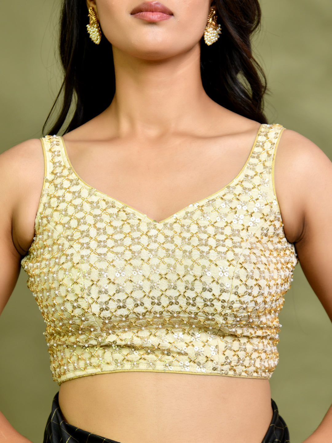 Pearl Cutdana Golden Sleeveless Padded Blouse