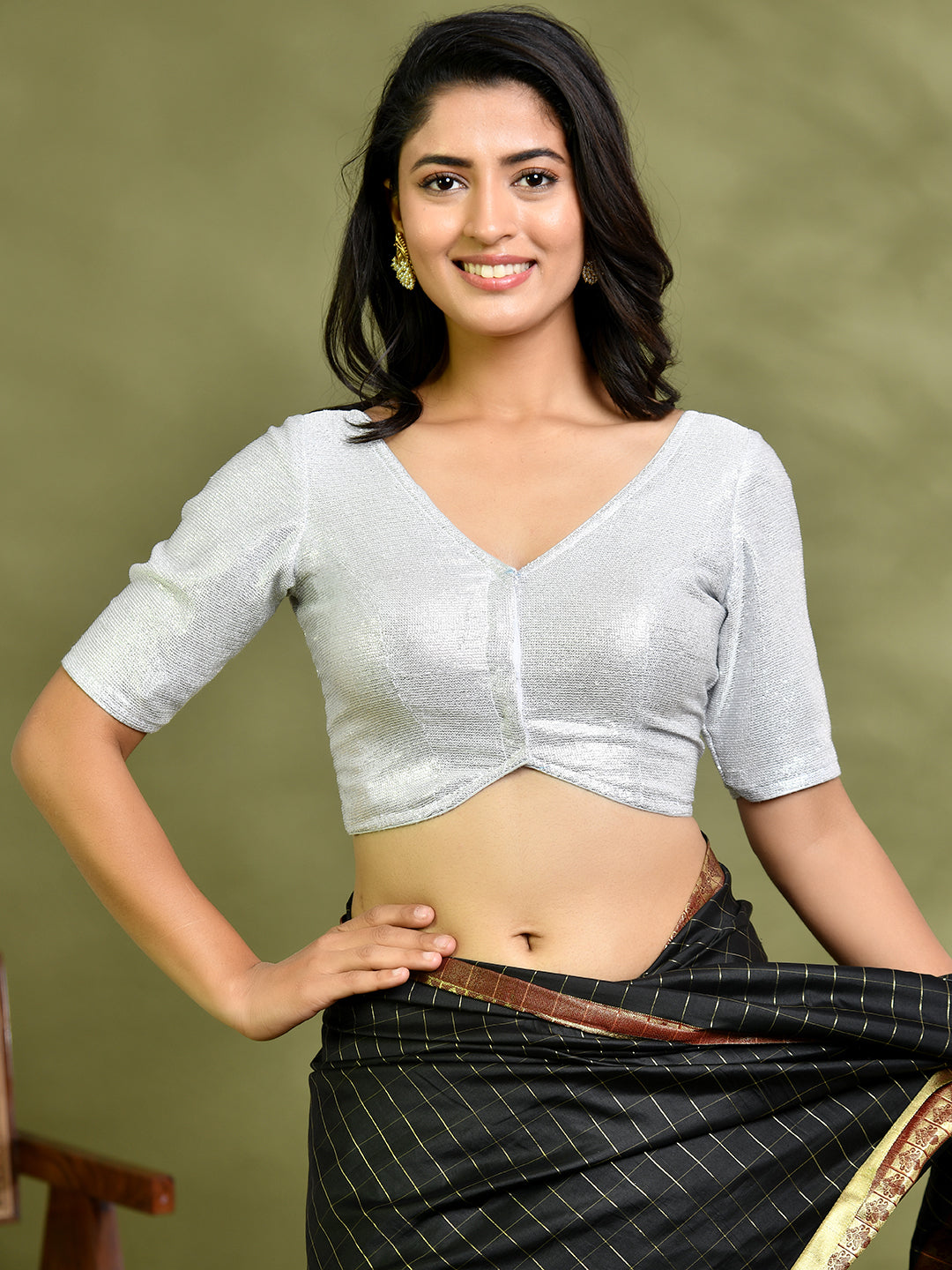 Silver Metallic V-Neck Blouse with Half Sleeves