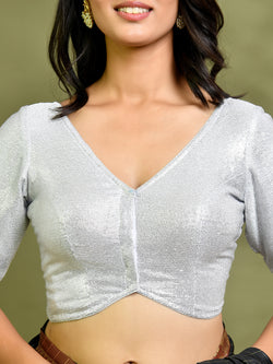 Silver Metallic V-Neck Blouse with Half Sleeves