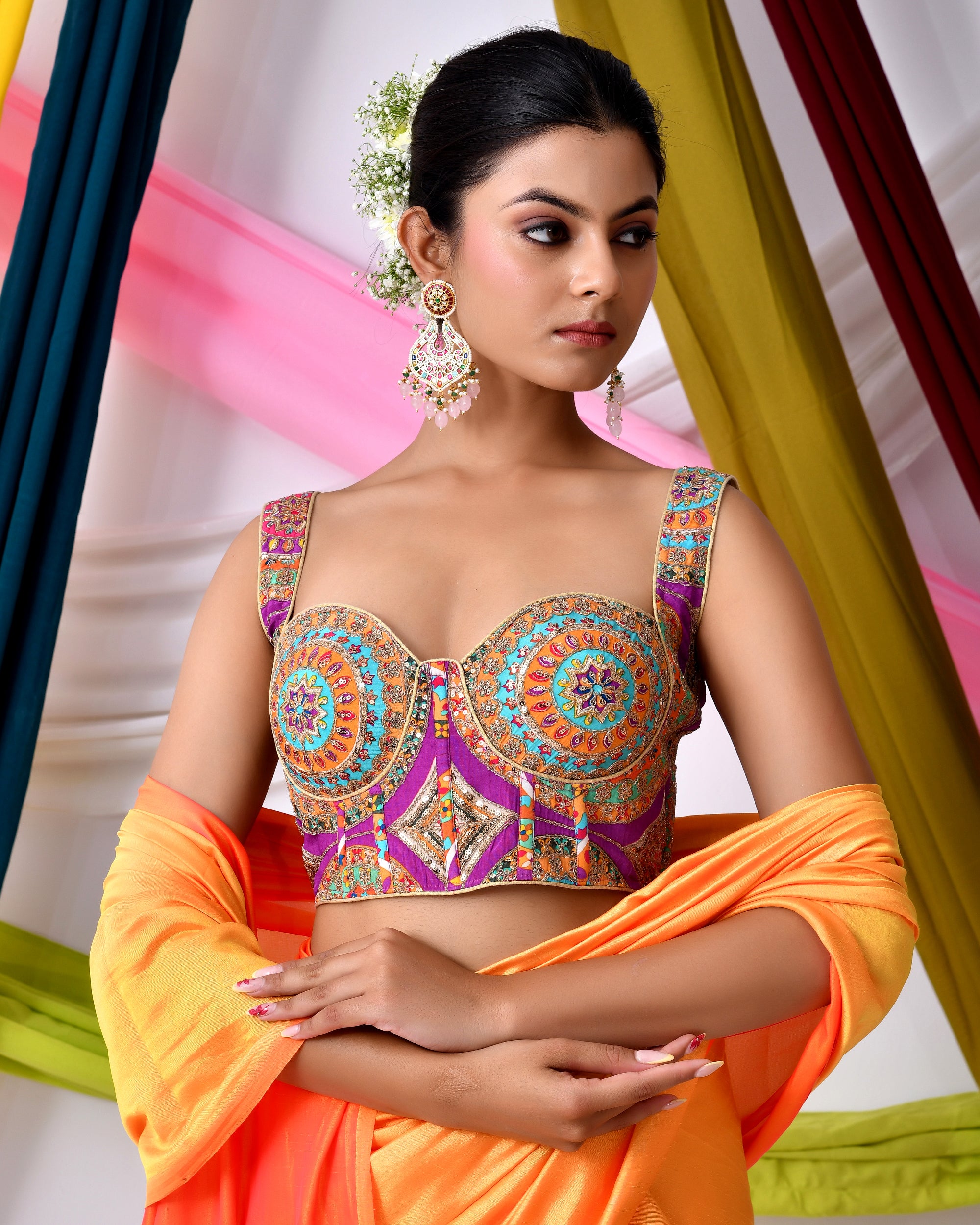 Multicolour Embroidered Bustier Corset Style Lavender Blouse with Tie-up Back