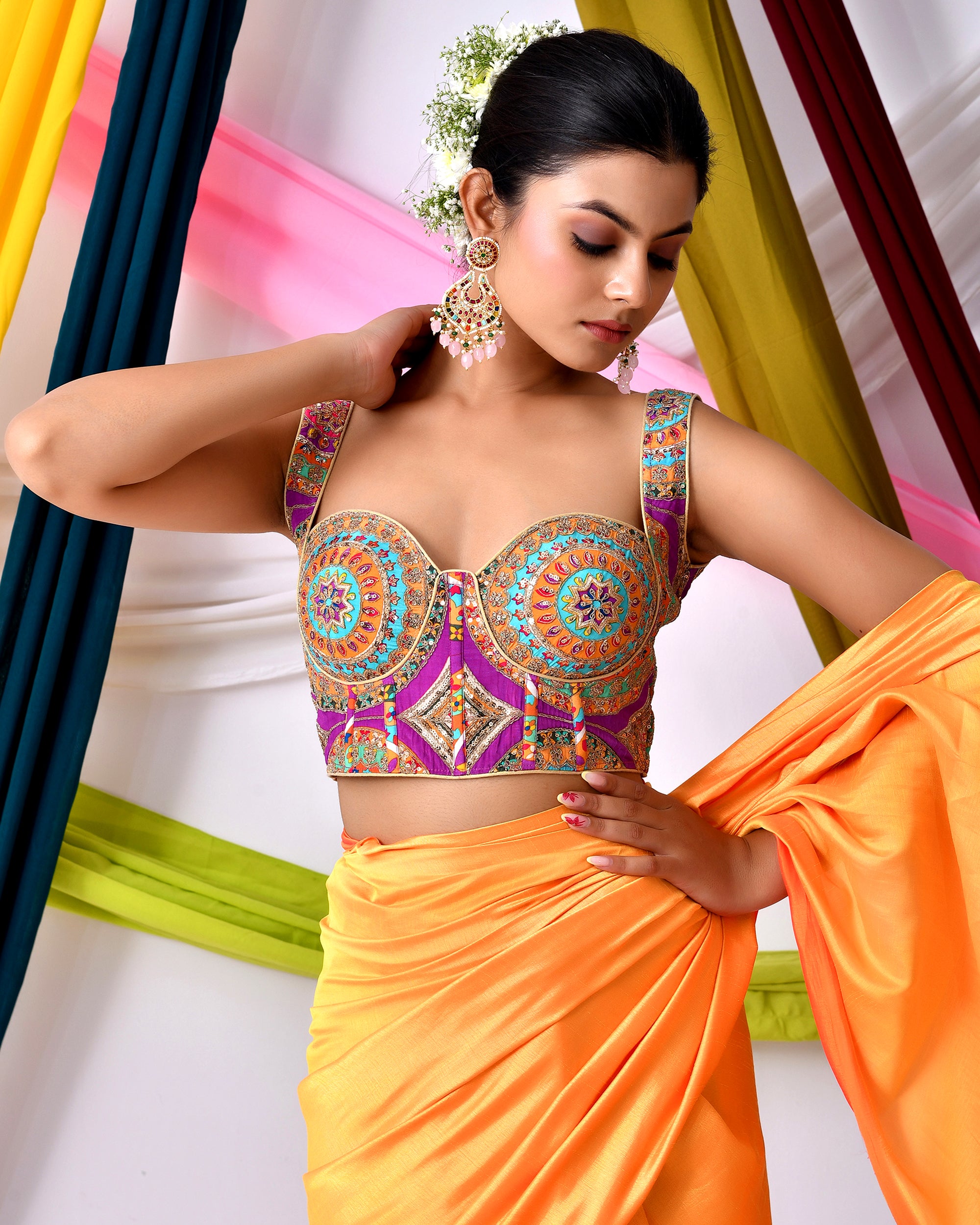 Multicolour Embroidered Bustier Corset Style Lavender Blouse with Tie-up Back