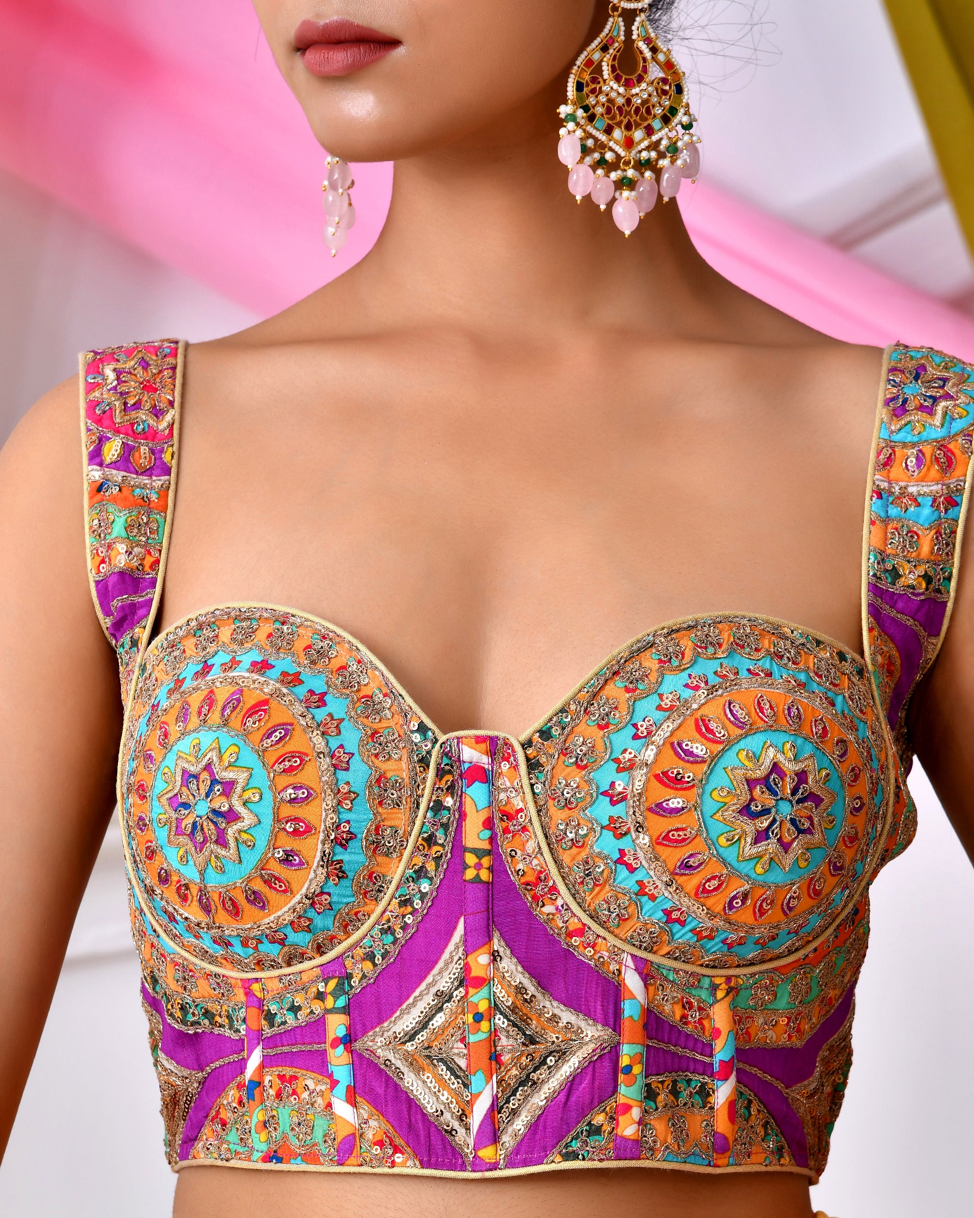 Multicolour Embroidered Bustier Corset Style Lavender Blouse with Tie-up Back